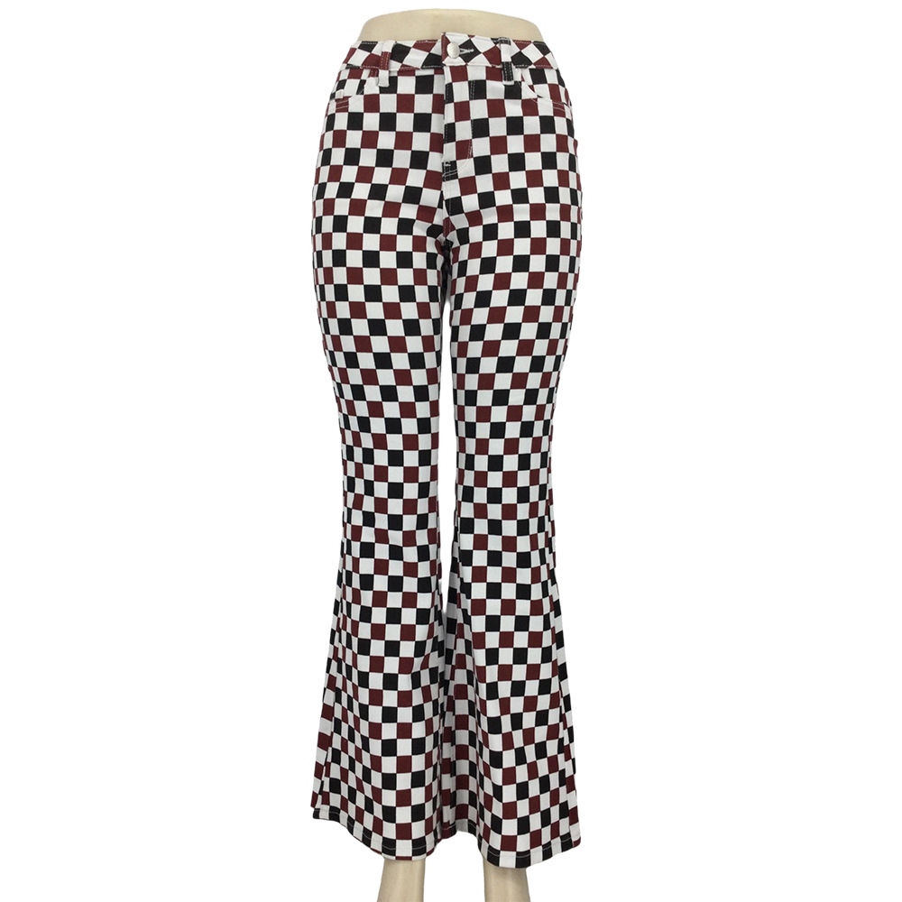 Women's Burgundy Checkerboard Flare Pants