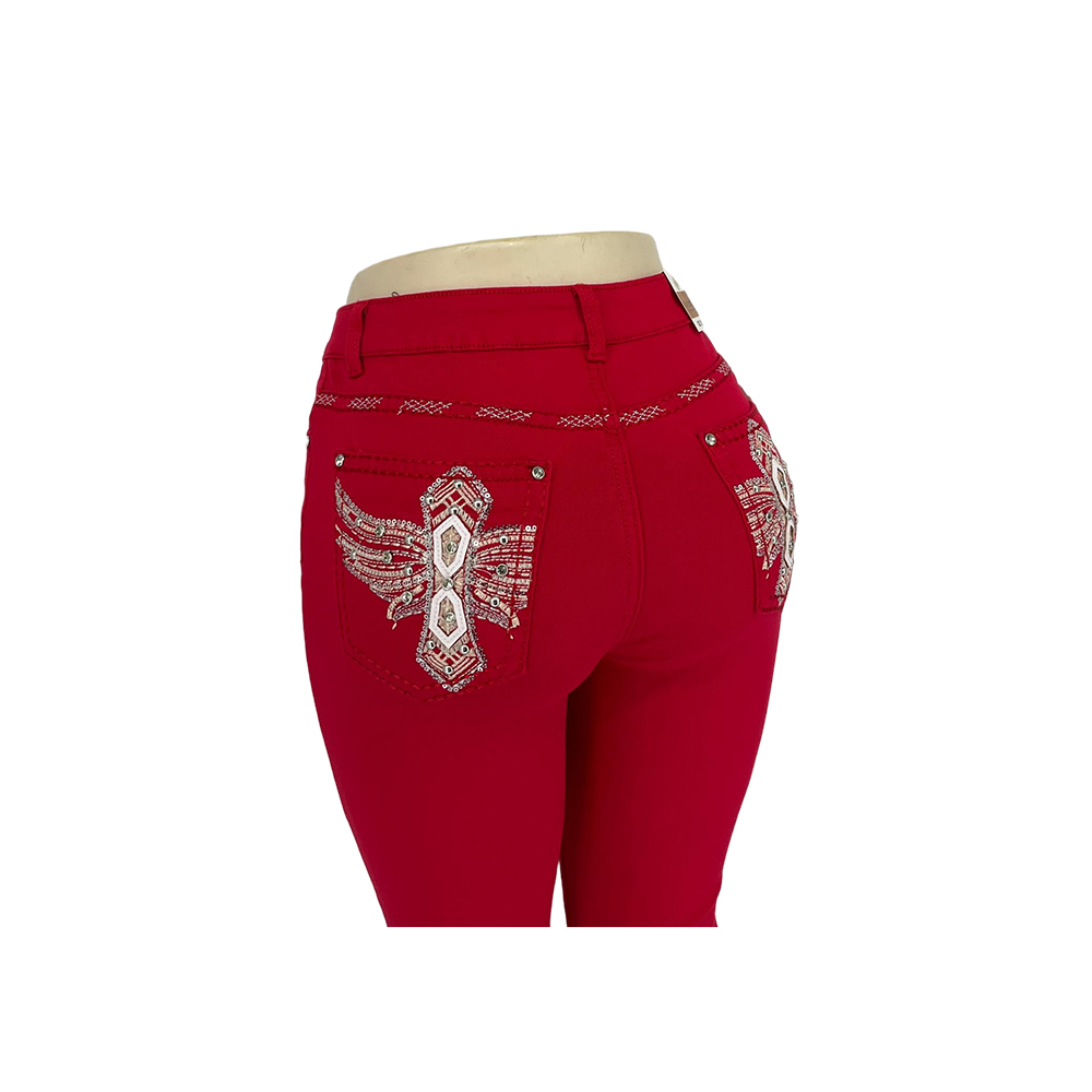 Women's Red Embellished Flare Pants