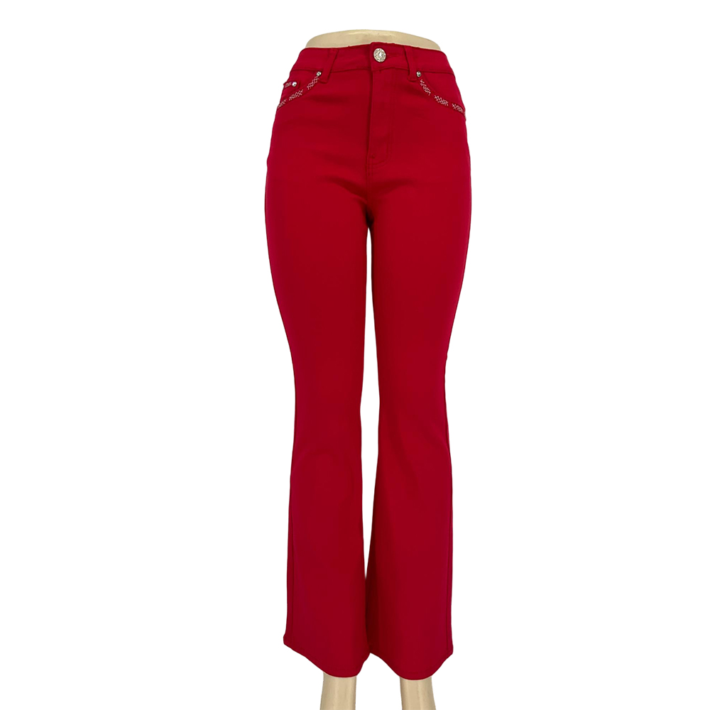Women's Red Embellished Flare Pants