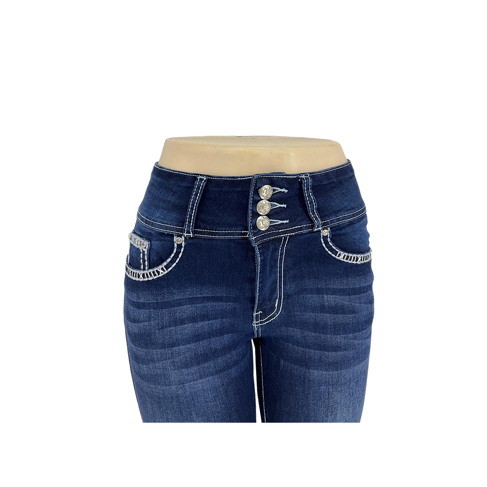 Women's Dark Blue High-Waisted Skinny Jeans with Embellished Back Pockets
