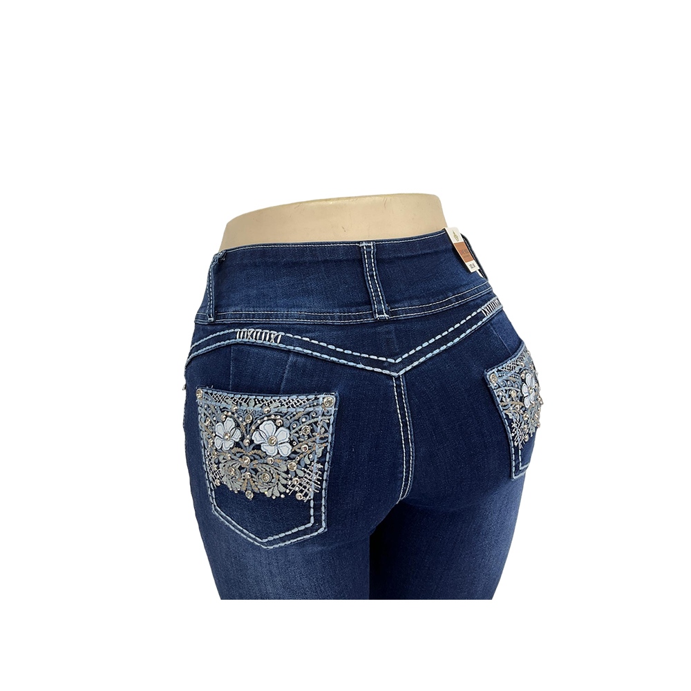 Women's Dark Blue High-Waisted Skinny Jeans with Embellished Back Pockets