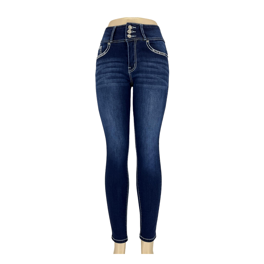 Women's Dark Blue High-Waisted Skinny Jeans with Embellished Back Pockets