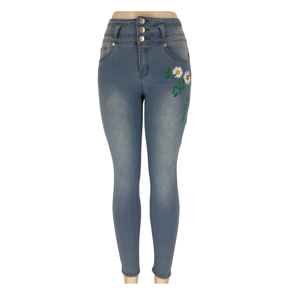 Women's Light Blue High-Waisted Skinny Jeans with Daisy Embroidery