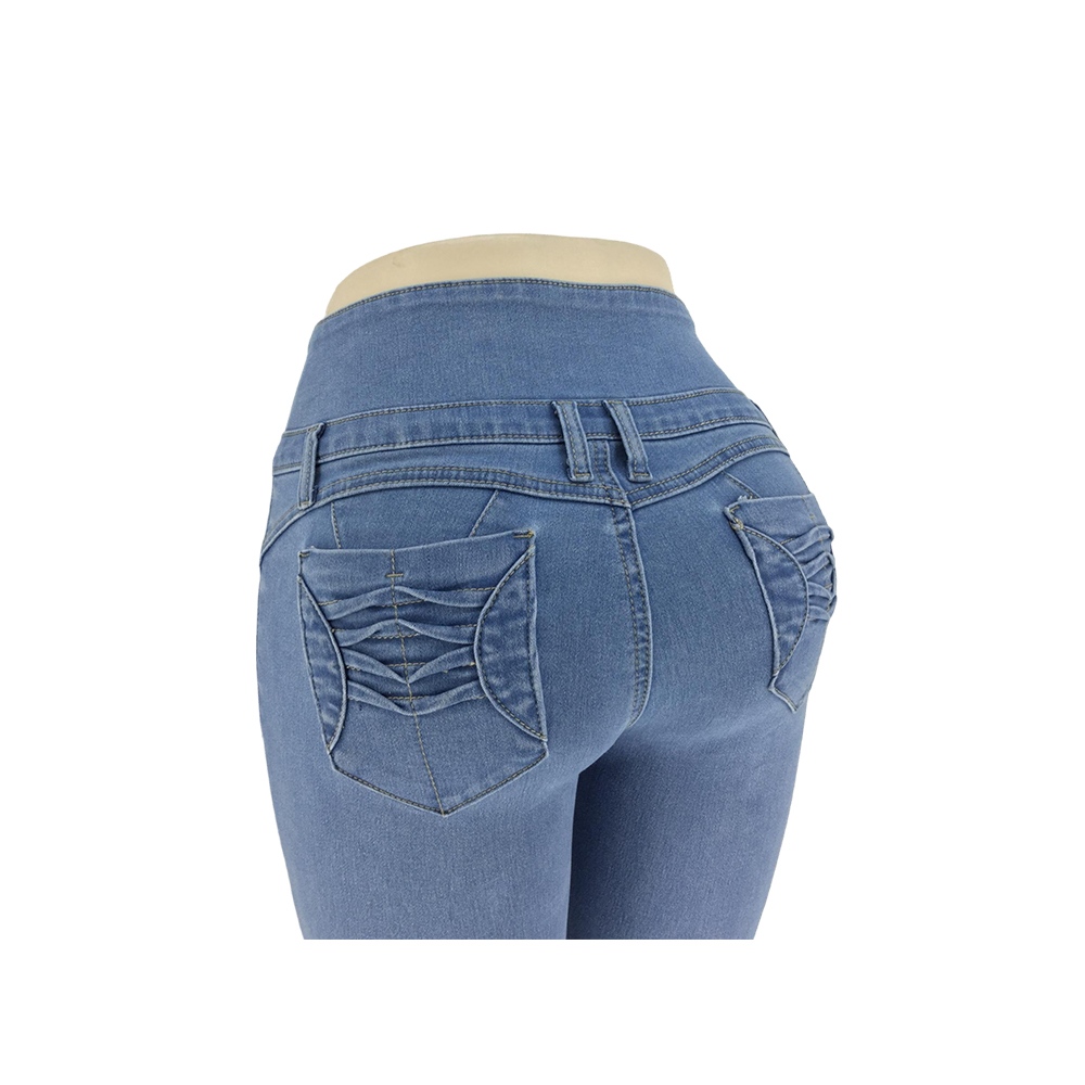 Women's Light Blue High-Waisted Skinny Jeans with Four-Button Waistband