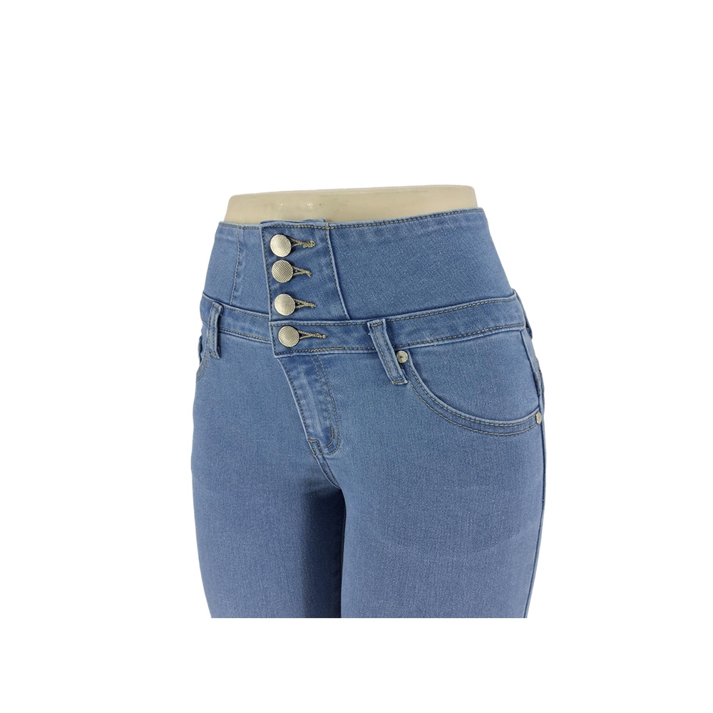 Women's Light Blue High-Waisted Skinny Jeans with Four-Button Waistband
