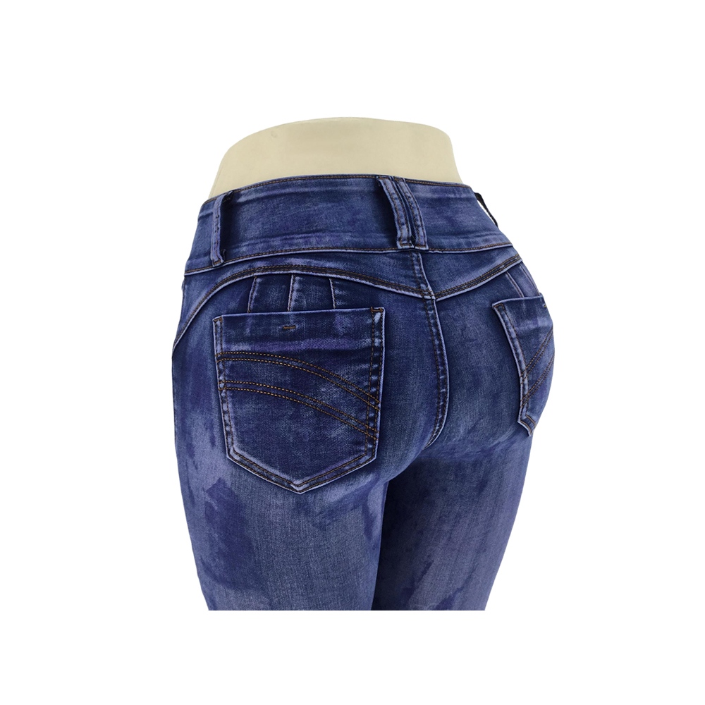 Women's Dark Blue Washed High-Waisted Skinny Jeans with Three-Button Waistband