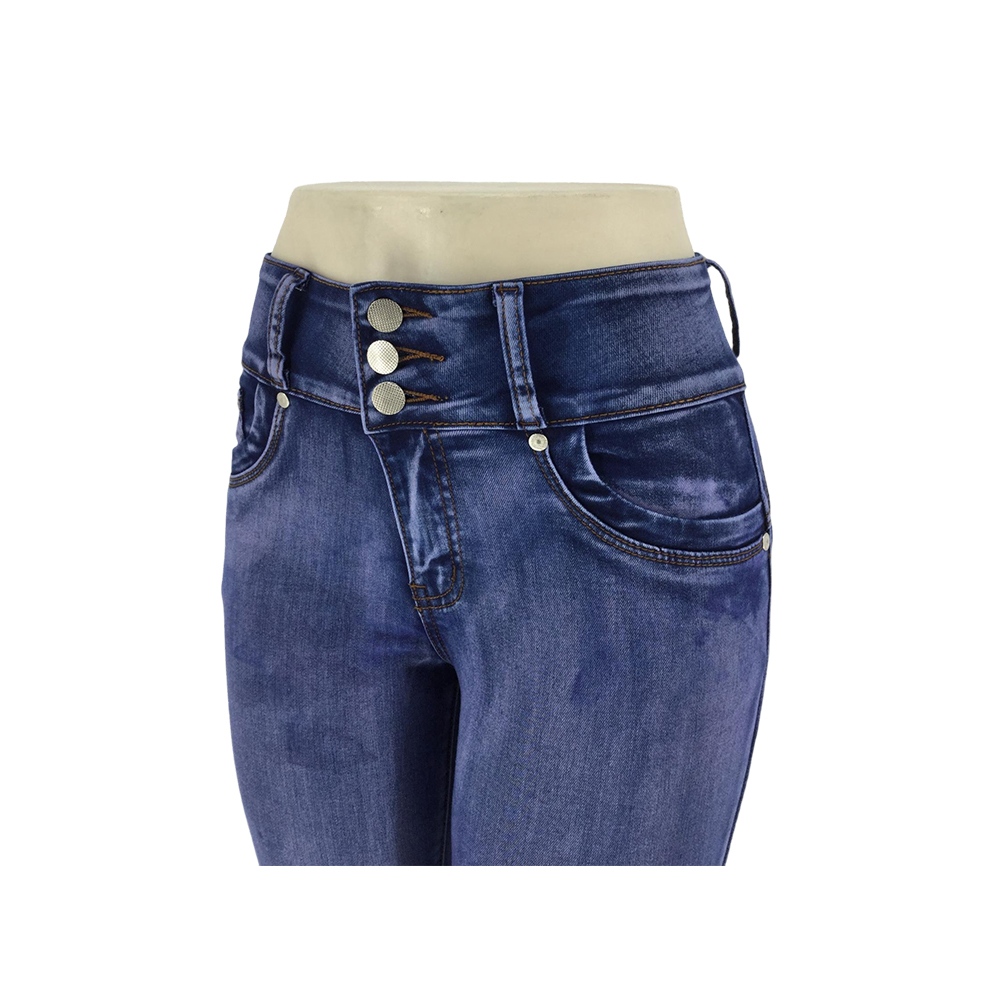 Women's Dark Blue Washed High-Waisted Skinny Jeans with Three-Button Waistband