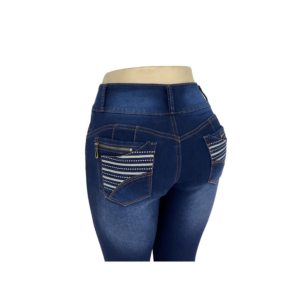 Women's Dark Blue High-Waisted Skinny Jeans with Three Buttons and Striped Zipper Pockets