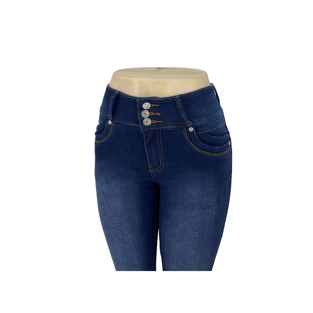 Women's Dark Blue High-Waisted Skinny Jeans with Three Buttons and Striped Zipper Pockets
