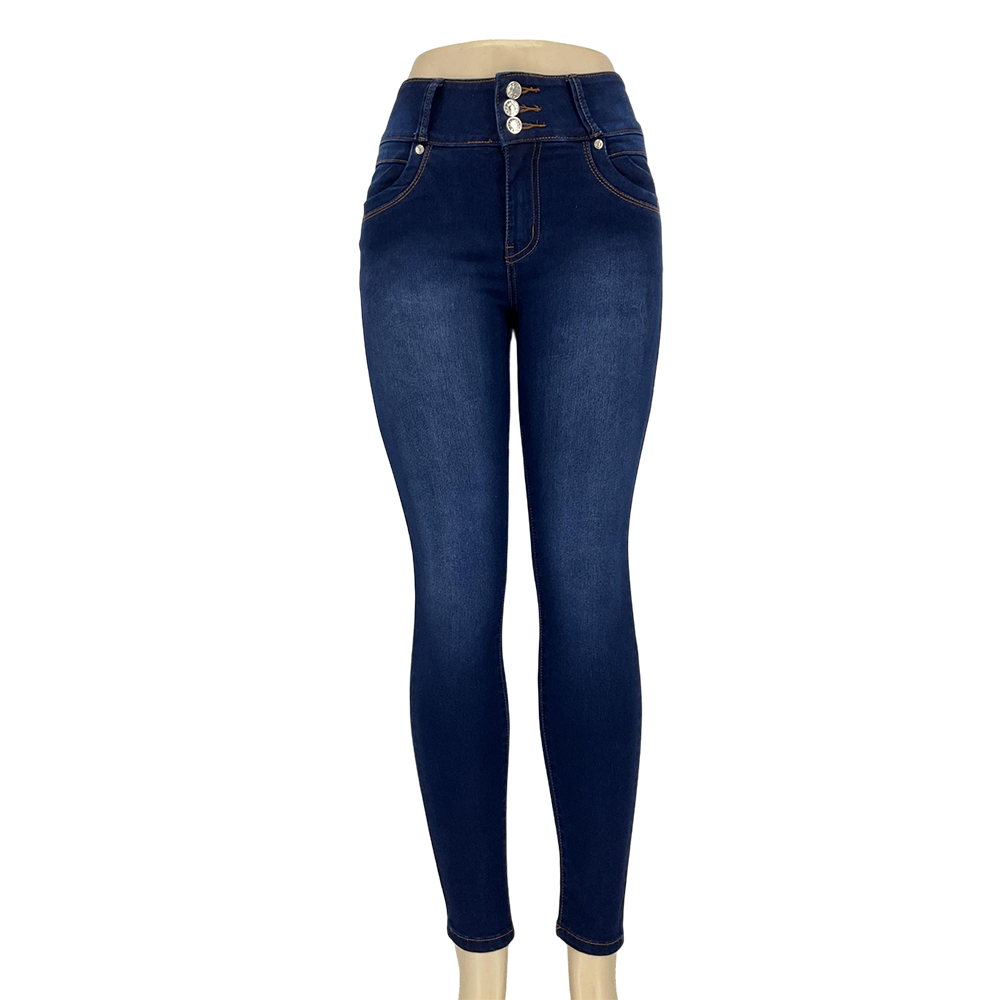 Women's Dark Blue High-Waisted Skinny Jeans with Three Buttons and Striped Zipper Pockets