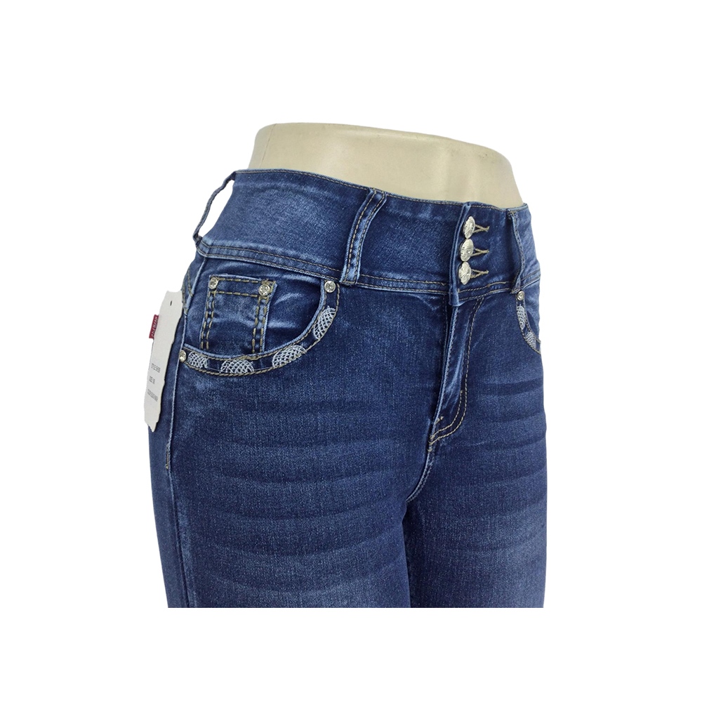 Women's Dark Blue Skinny Jeans with Fleur-de-Lis Embroidery and Three-Button Waistband