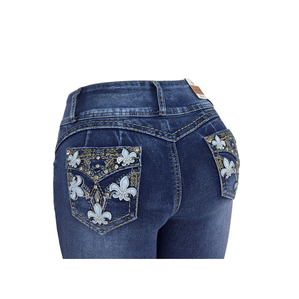 Women's Dark Blue Skinny Jeans with Fleur-de-Lis Embroidery and Three-Button Waistband