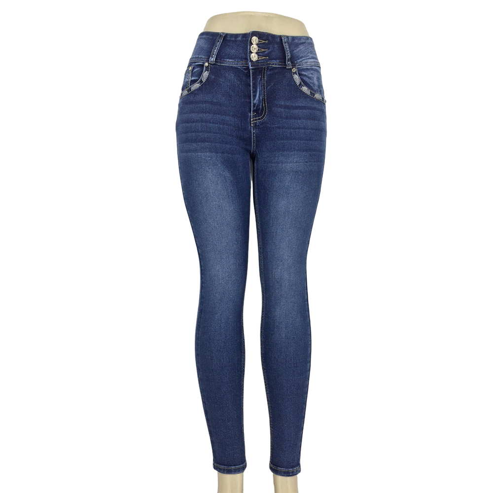 Women's Dark Blue Skinny Jeans with Fleur-de-Lis Embroidery and Three-Button Waistband