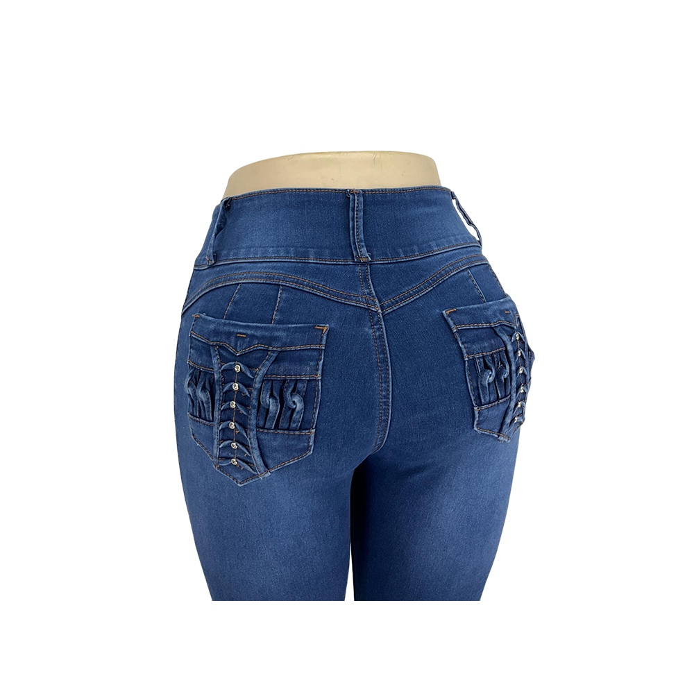 Women's Dark Blue Skinny Jeans with Decorative Woven Pocket Details