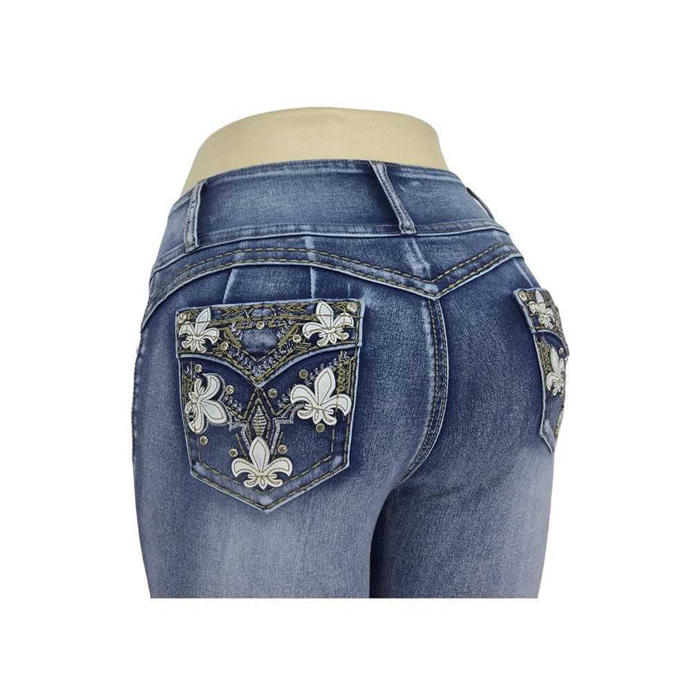 Women's Blue Skinny Jeans with Fleur-de-Lis Embroidered Pockets