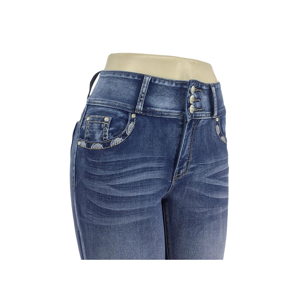 Women's Blue Skinny Jeans with Fleur-de-Lis Embroidered Pockets