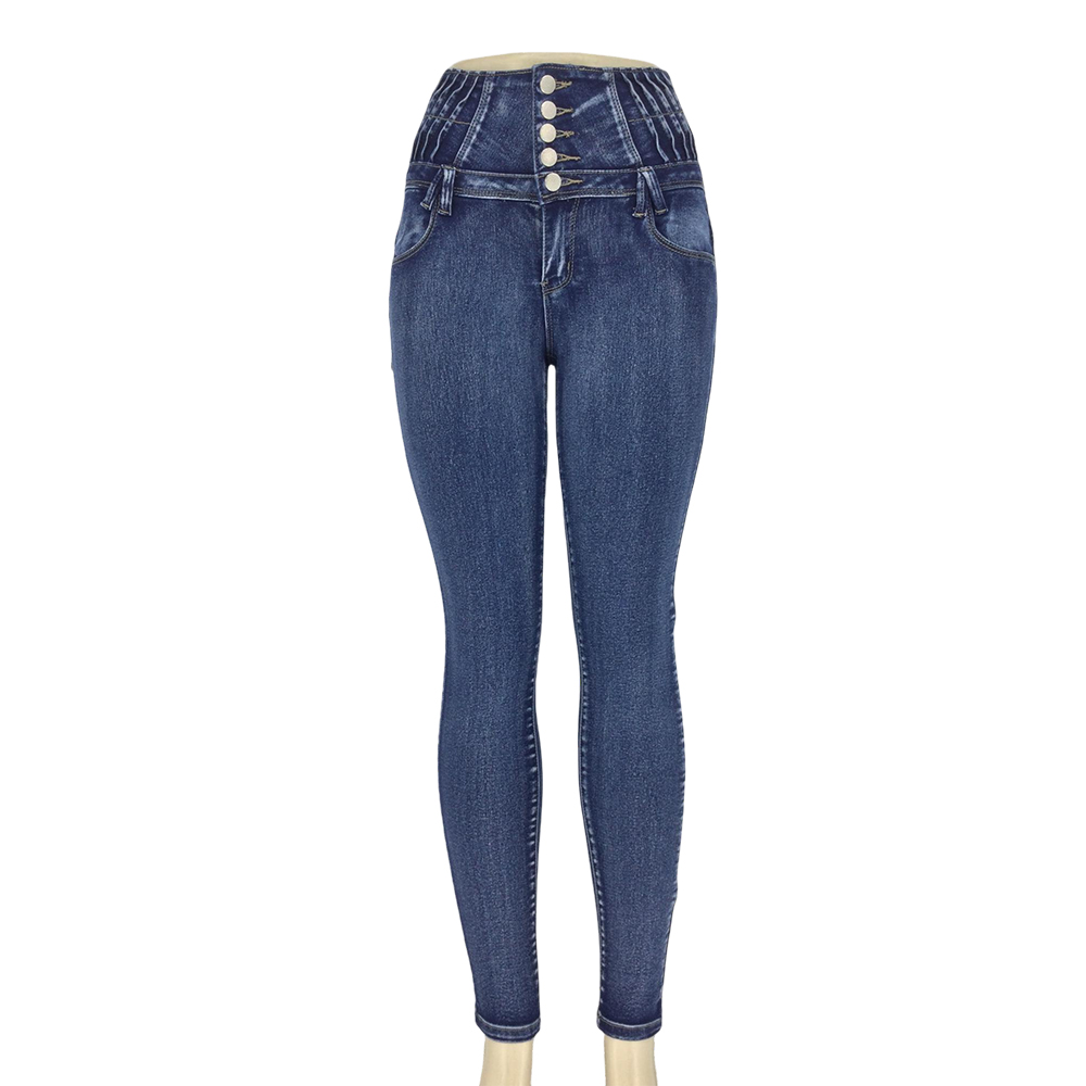 Women's Blue High-Waisted Skinny Jeans with Five-Button Waistband