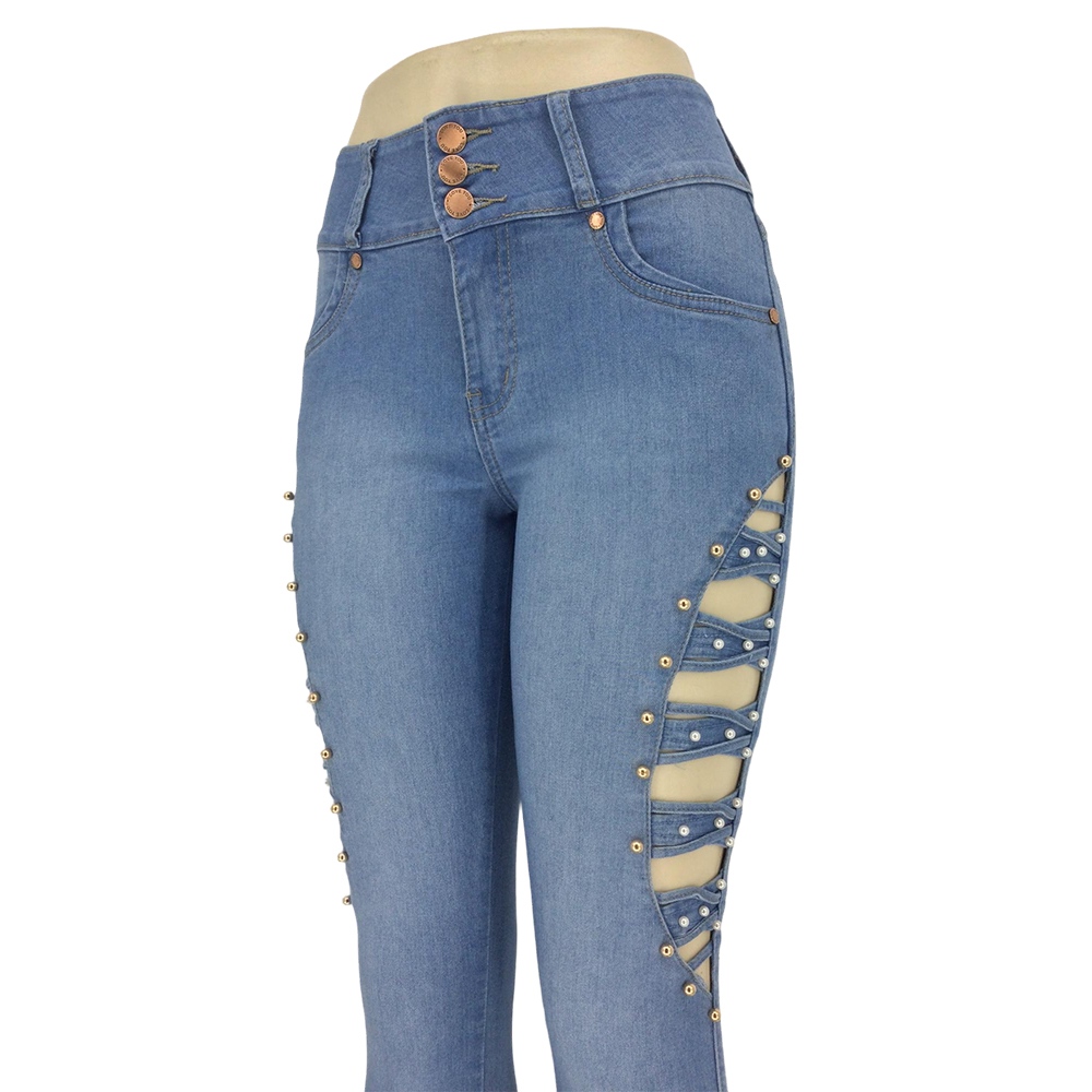 Women's Light Blue High-Waisted Skinny Jeans with Side Cutouts