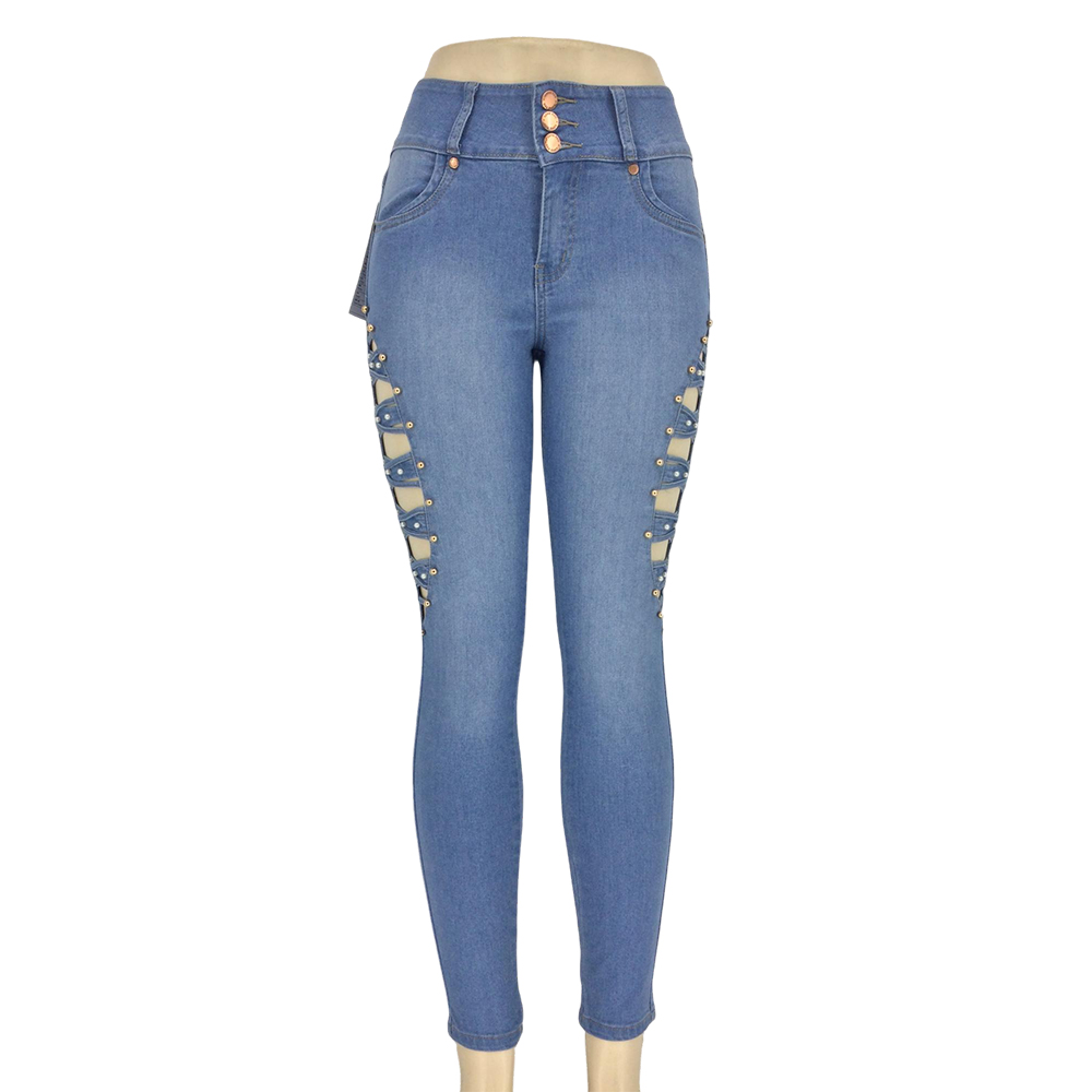 Women's Light Blue High-Waisted Skinny Jeans with Side Cutouts