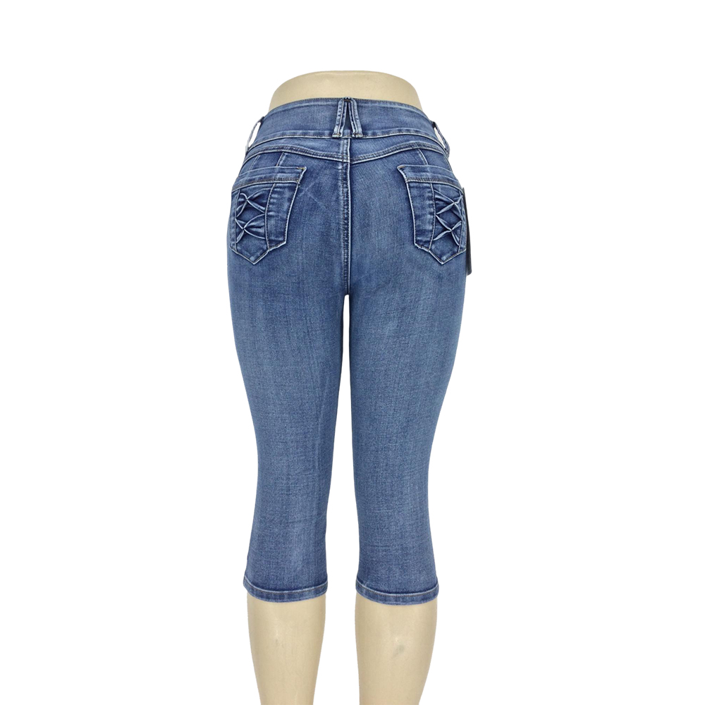 Women's High-Waisted Denim Capri Pants with Lace-Up Back Pockets