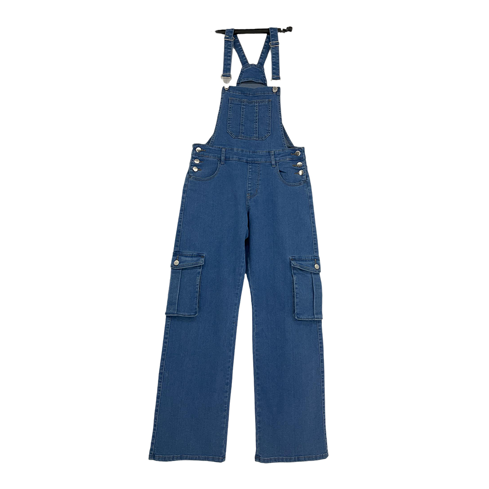 Women's Blue Denim Cargo Overalls with Wide Legs