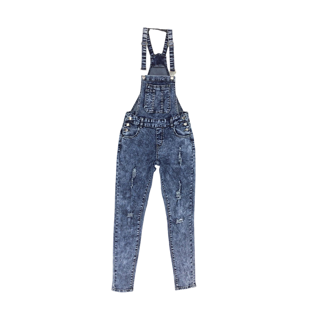Women's Acid Wash Distressed Denim Overalls with Slim Legs