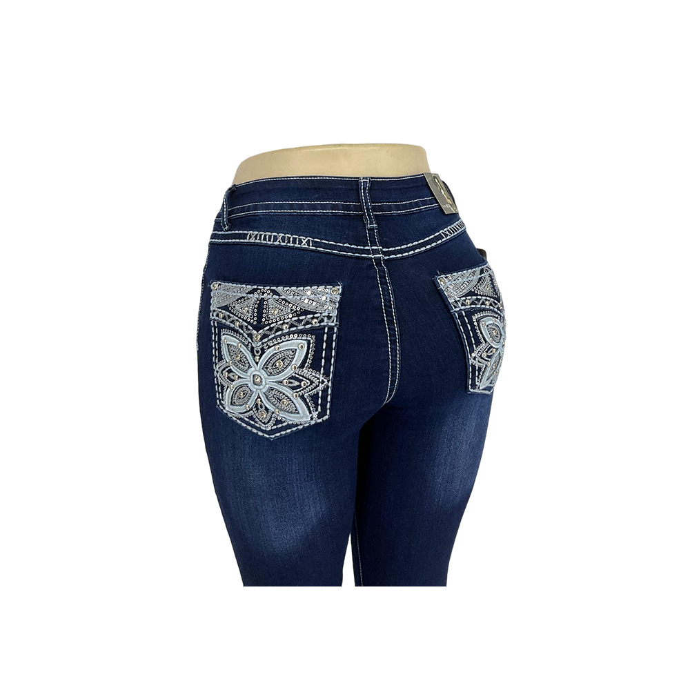 Mujeres oscuro lavado bordado Bootcut vaqueros con bolsillos decorativos traseros