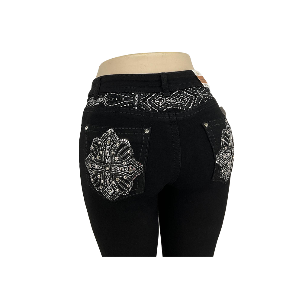 Women's Black Embroidered Bootcut Jeans with Ornamental Cross Pockets