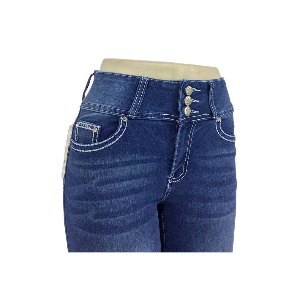 Women's Blue Embroidered Bootcut Jeans with Rhinestone Pocket Accents