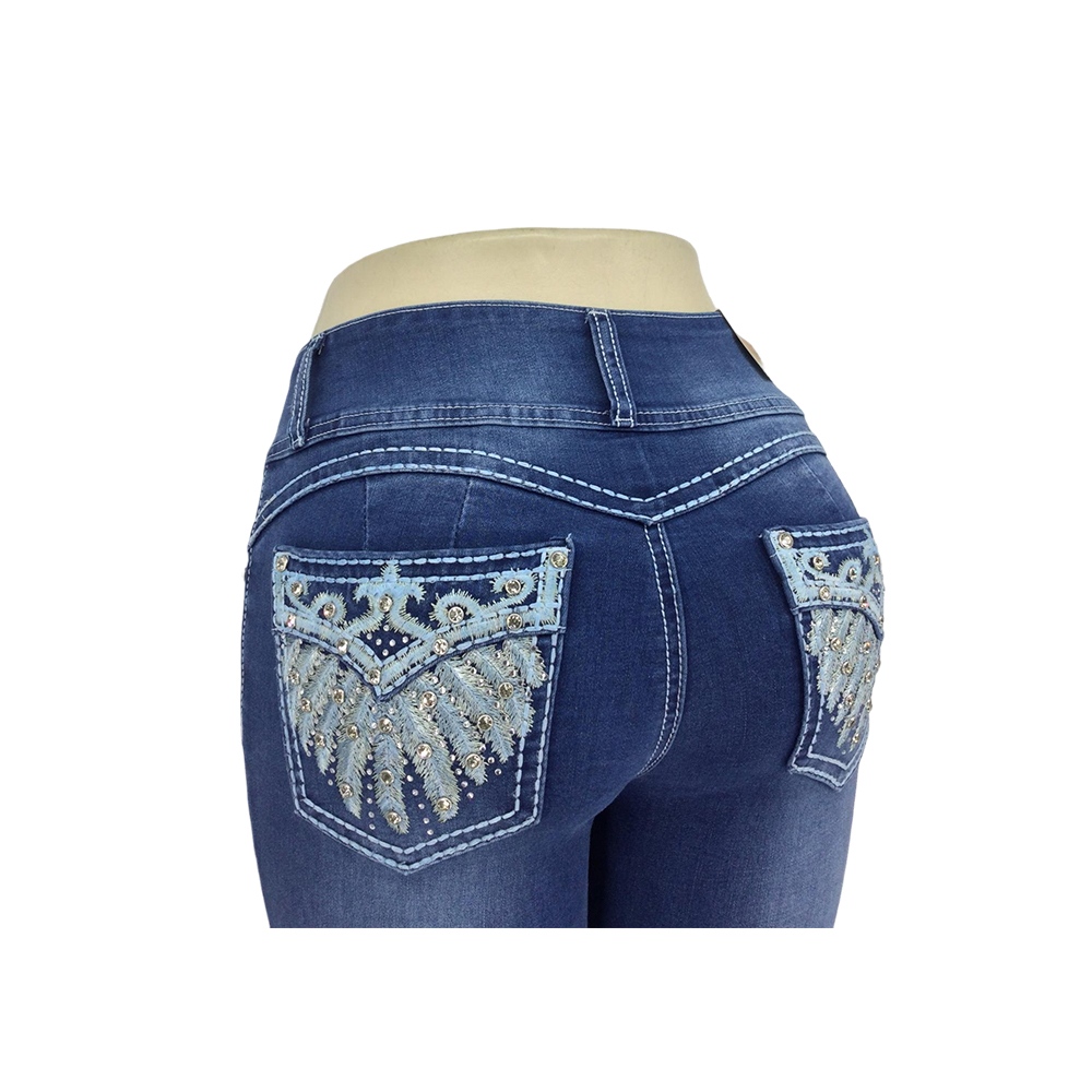 Women's Blue Embroidered Bootcut Jeans with Rhinestone Pocket Accents
