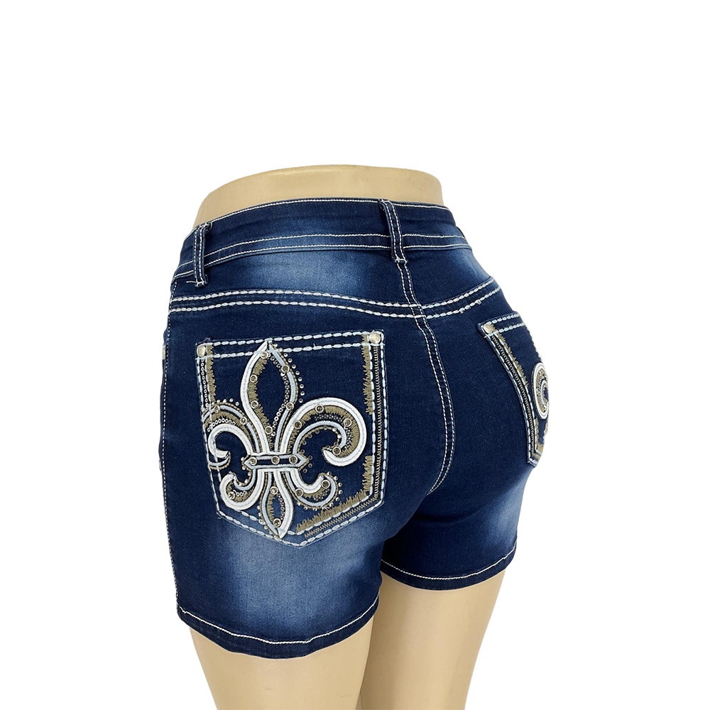 Pantalones cortos de denim bordados azul oscuro para mujeres con bolsillos decorativos