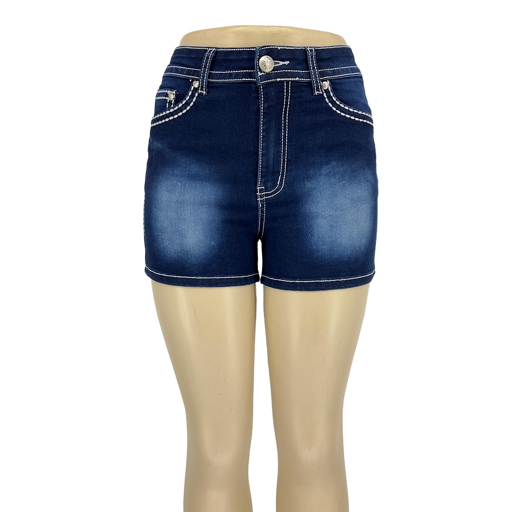 Women's Dark Blue Embroidered Denim Shorts with Decorative Back Pockets