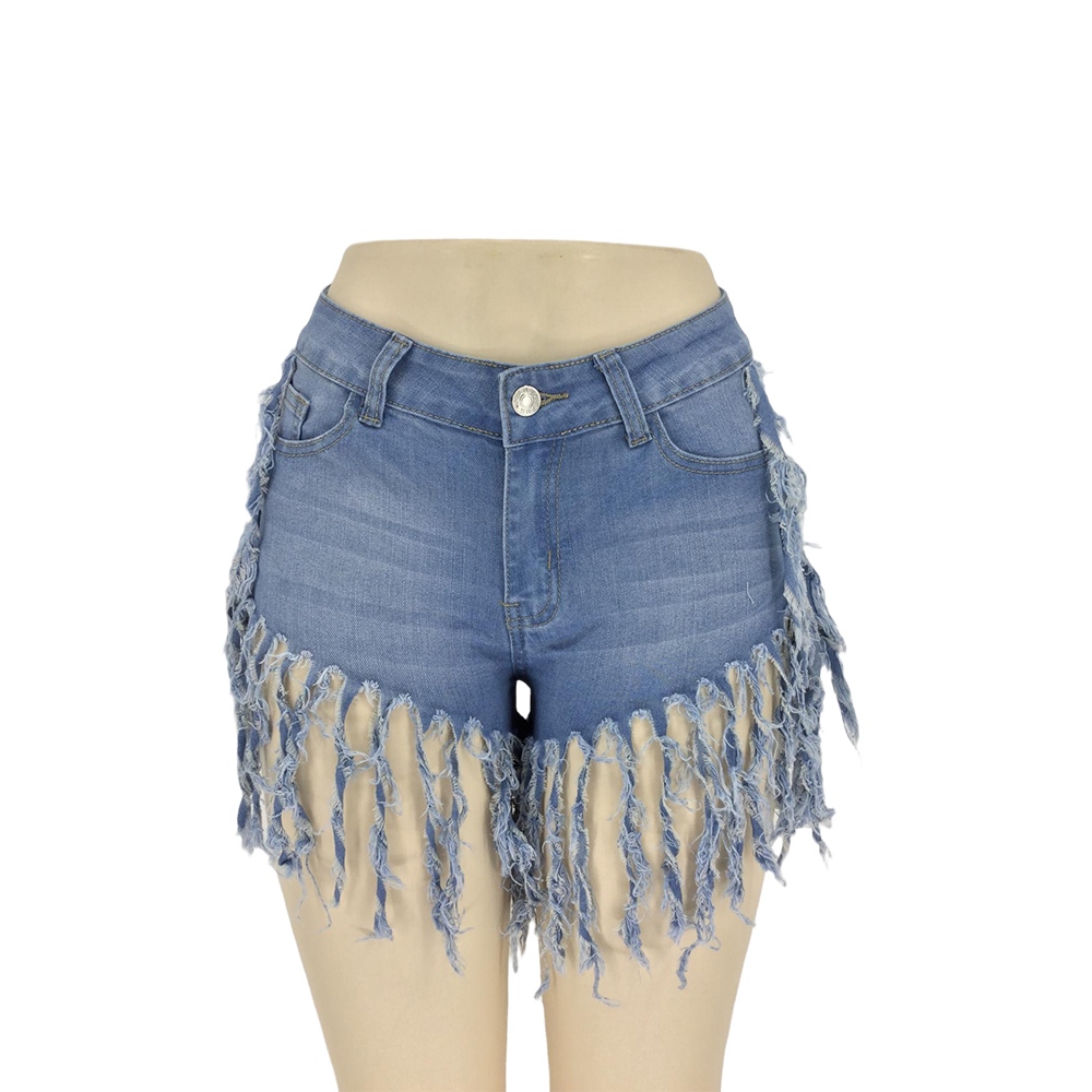 Women's Light Blue Fringed Denim Shorts