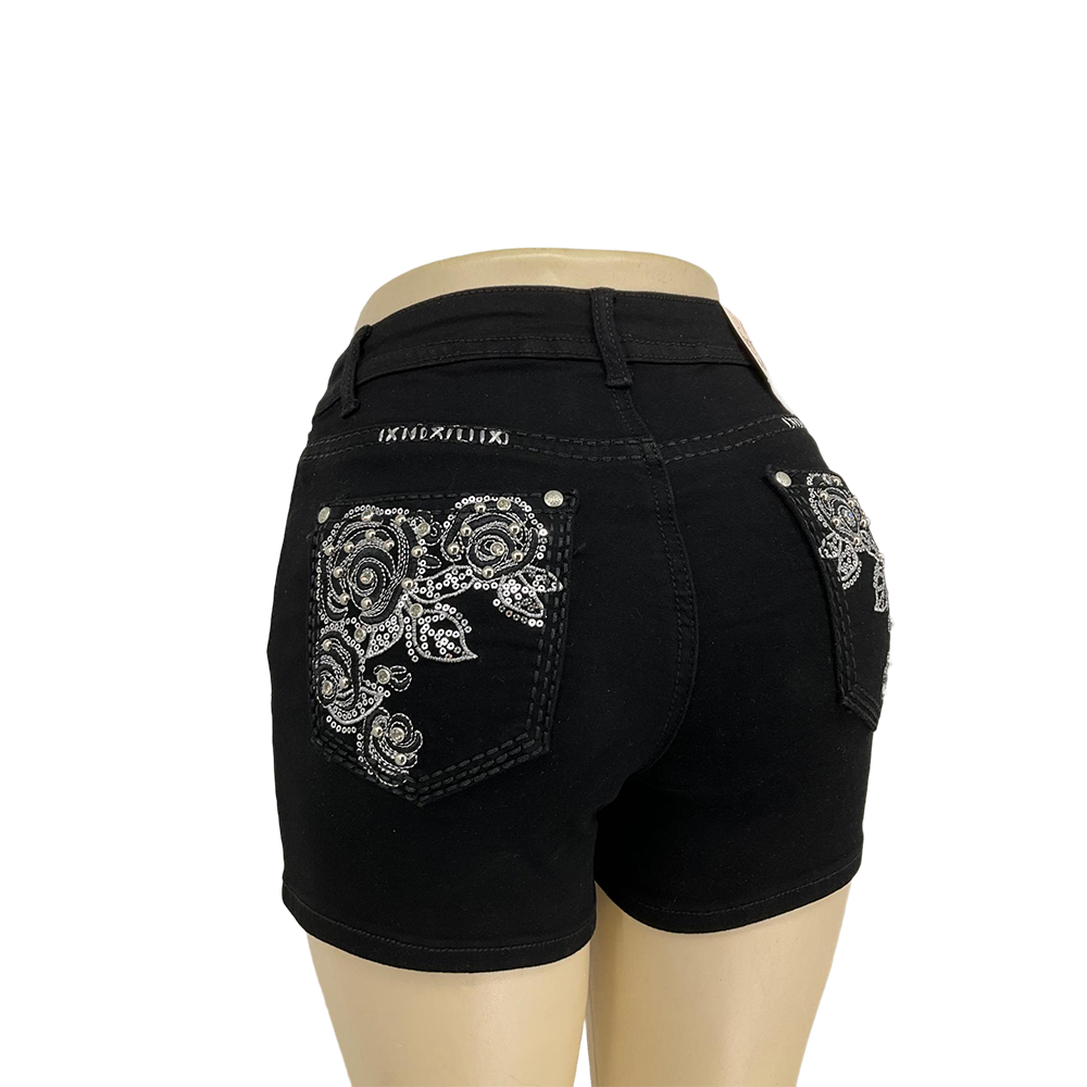 Pantalones cortos de denim negros adornados para mujer