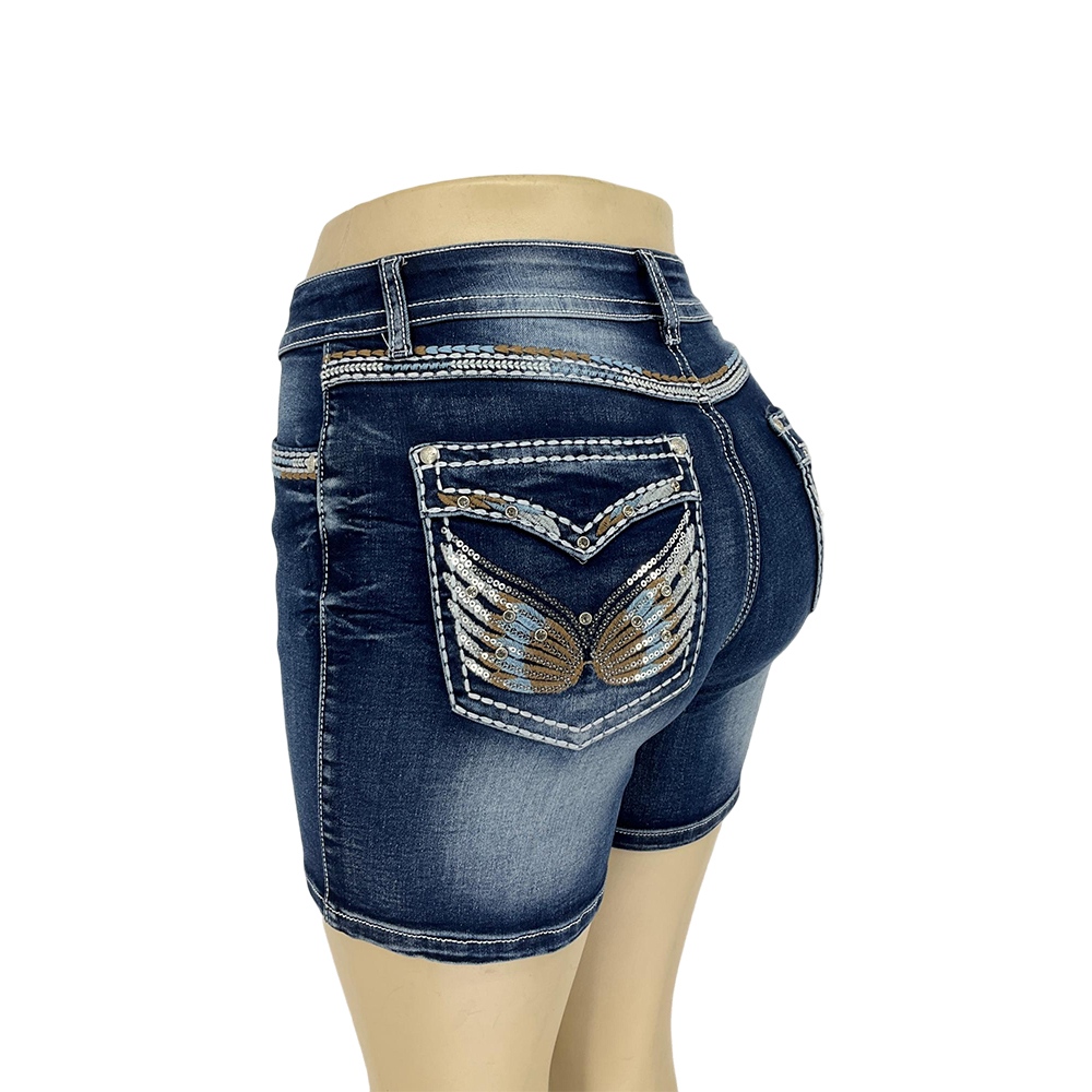 Pantalones cortos de denim adornados azul oscuro para mujer