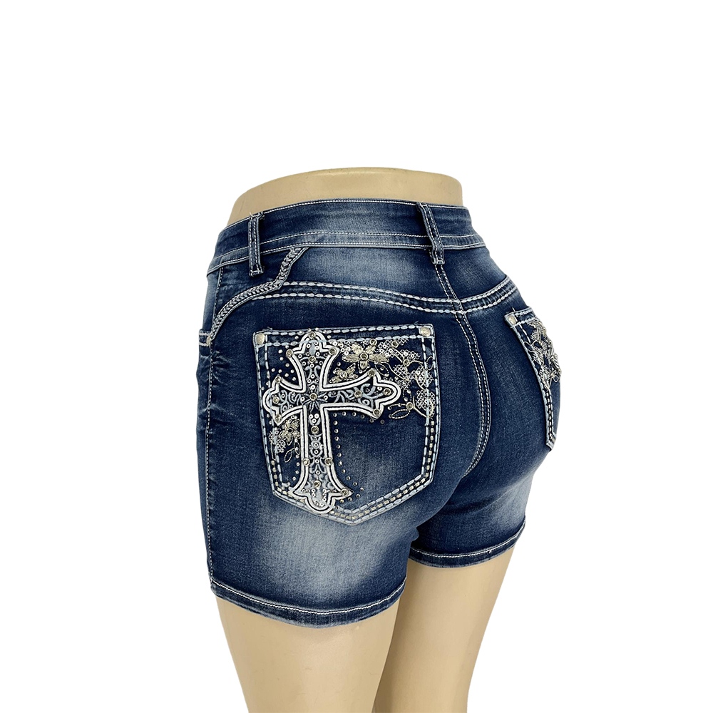 Women's Dark Blue Cross Embroidered Denim Shorts
