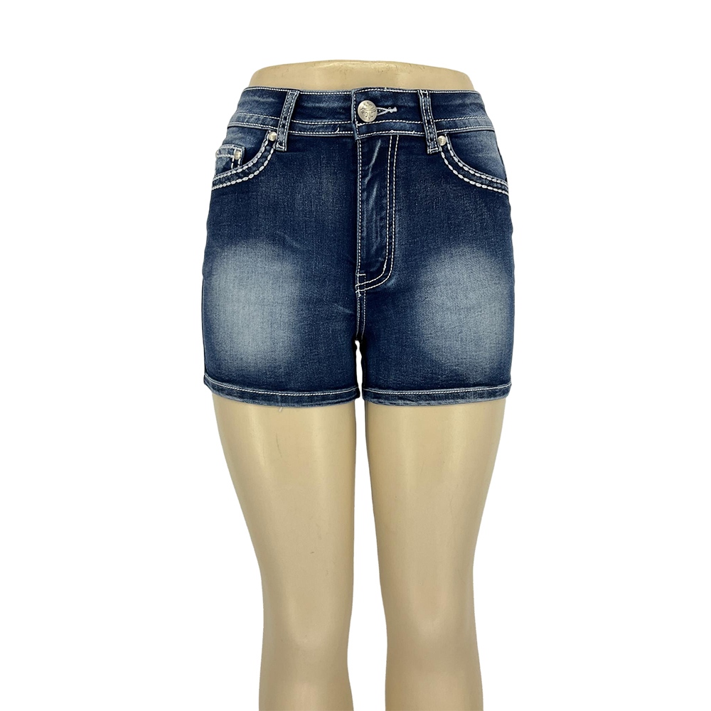 Women's Dark Blue Cross Embroidered Denim Shorts