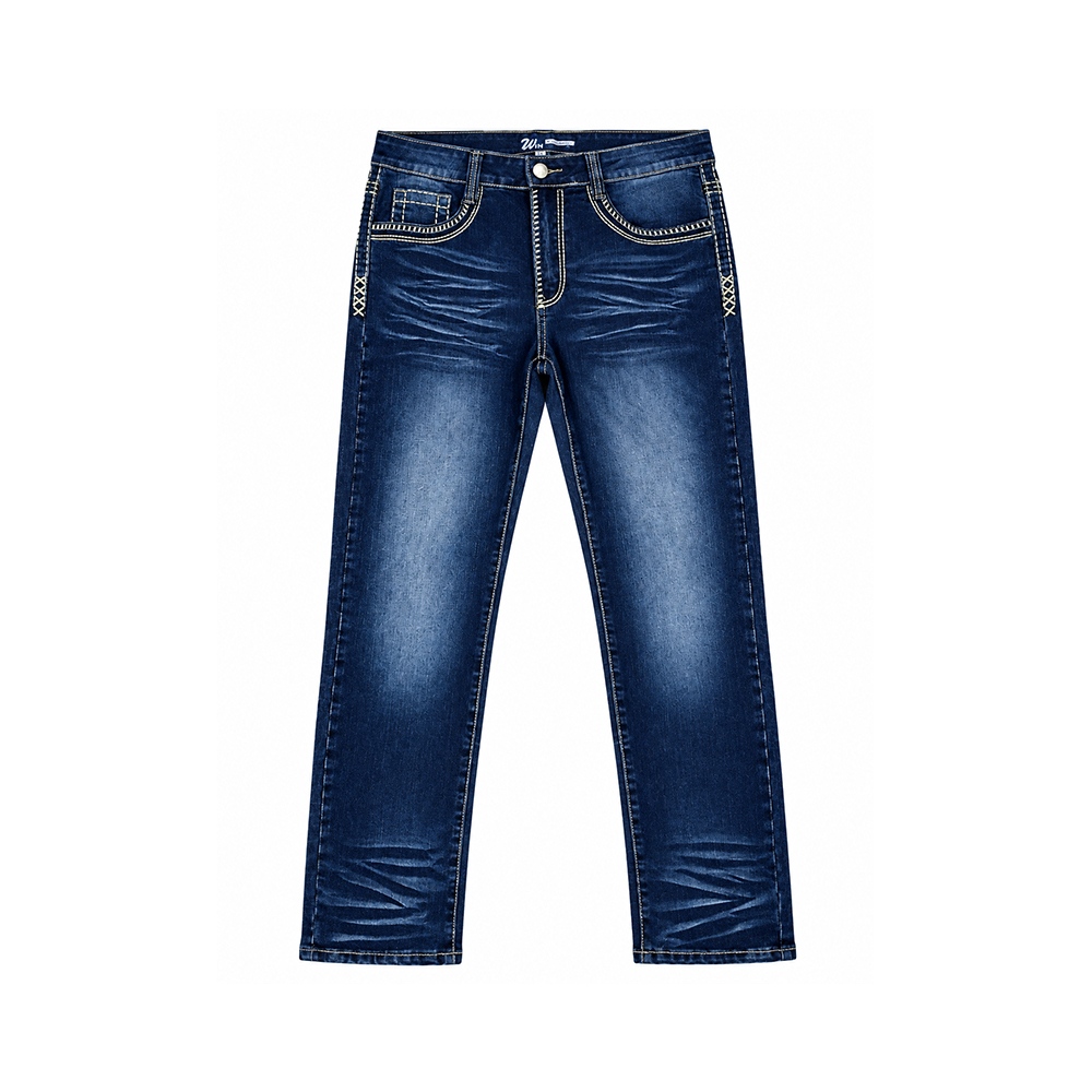 Men's Dark Blue Embroidered Straight Leg Jeans