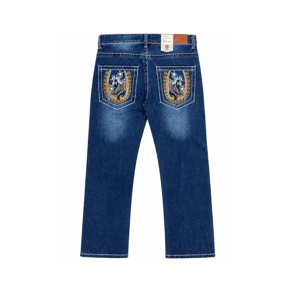 Men's Blue Embroidered Straight Leg Jeans